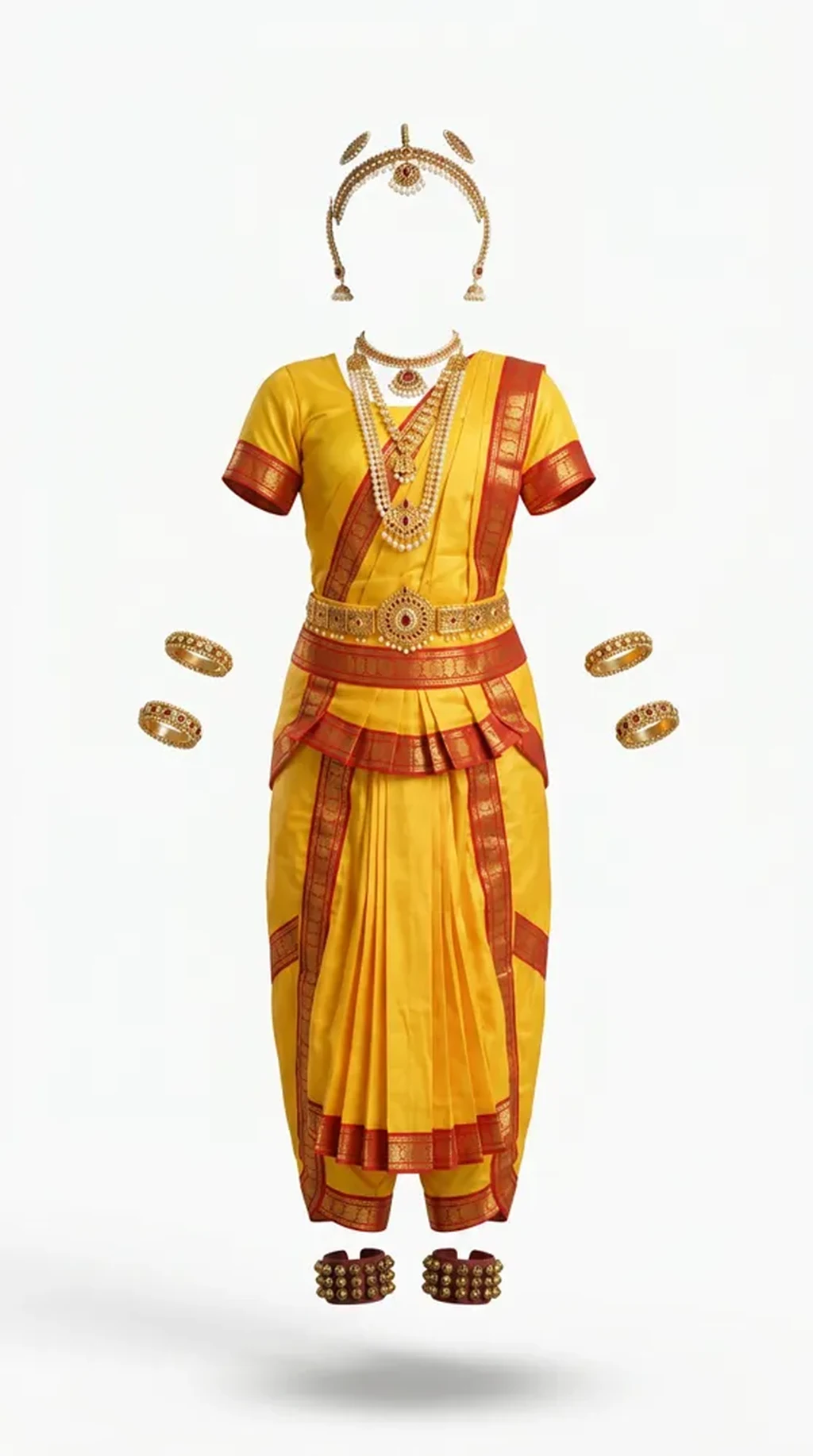 Bharat Natiyam Costume for kids — Ghost mannequin view — Yellow/Red colour — Polyester fabric — Indian sizes S (24)–L (34) — Bharat Natiyam fancy dress for school annual day & sports day — Kolkata & West Bengal delivery — ZapCostumes