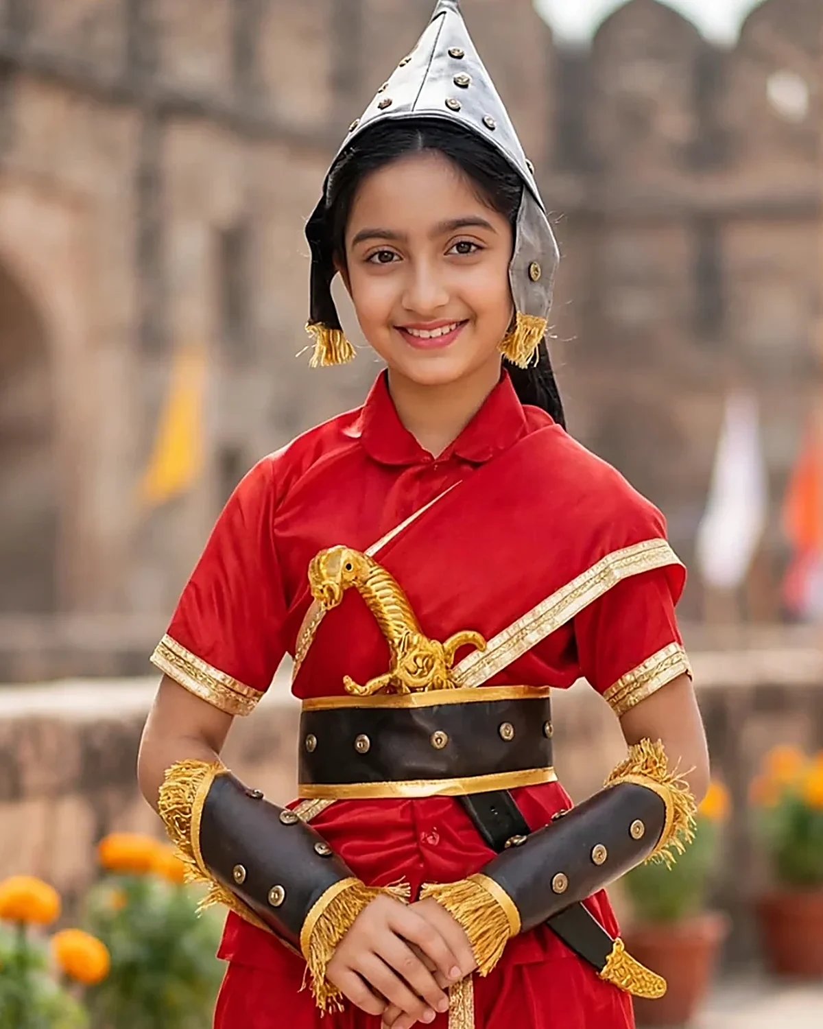 Rani Lakshmibai Costume for kids — Top half close-up — Red/Gold colour — Polyester fabric — Indian sizes S (24)–XL (36) — Freedom Fighters fancy dress for school annual day & sports day — Kolkata & West Bengal delivery — ZapCostumes
