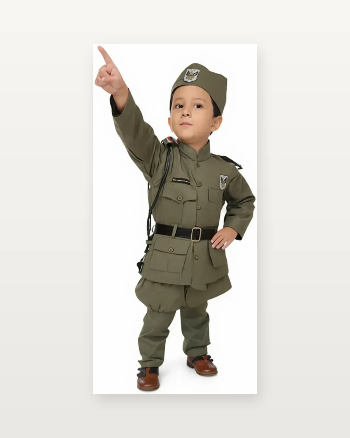 Netaji Subhash Chandra Bose Costume for kids — Studio front view — Olive Green colour — Polyester fabric — Indian sizes S (24)–XL (36) — Freedom Fighters fancy dress for school annual day & sports day — Kolkata & West Bengal delivery — ZapCostumes