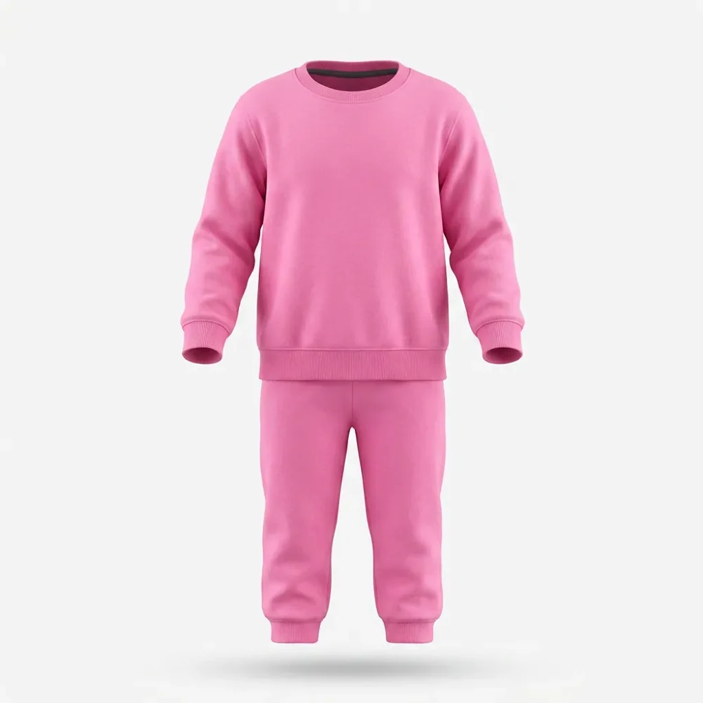 Pink Tracksuit for kids — Ghost mannequin view — Pink colour — Polyester Blend fabric — Indian sizes 22–34 — Tracksuits / Jersey fancy dress for school annual day & sports day — Kolkata & West Bengal delivery — ZapCostumes