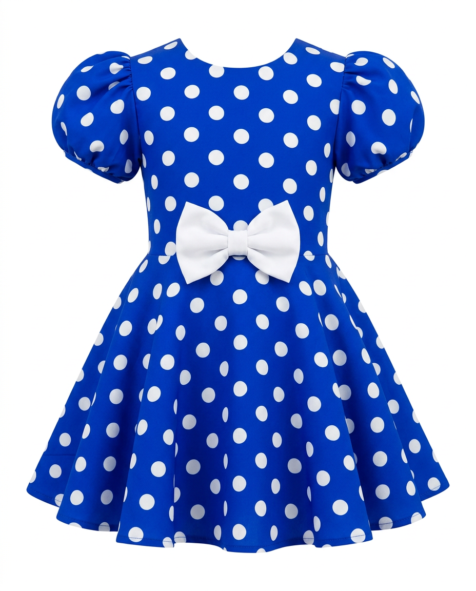 Blue Polka Dot Party Dress for kids — Ghost mannequin view — Royal Blue/White colour — Cotton Blend with Cotton Lining fabric — Indian sizes 20–30 — Dance Dress fancy dress for school annual day & sports day — Kolkata & West Bengal delivery — ZapCostumes