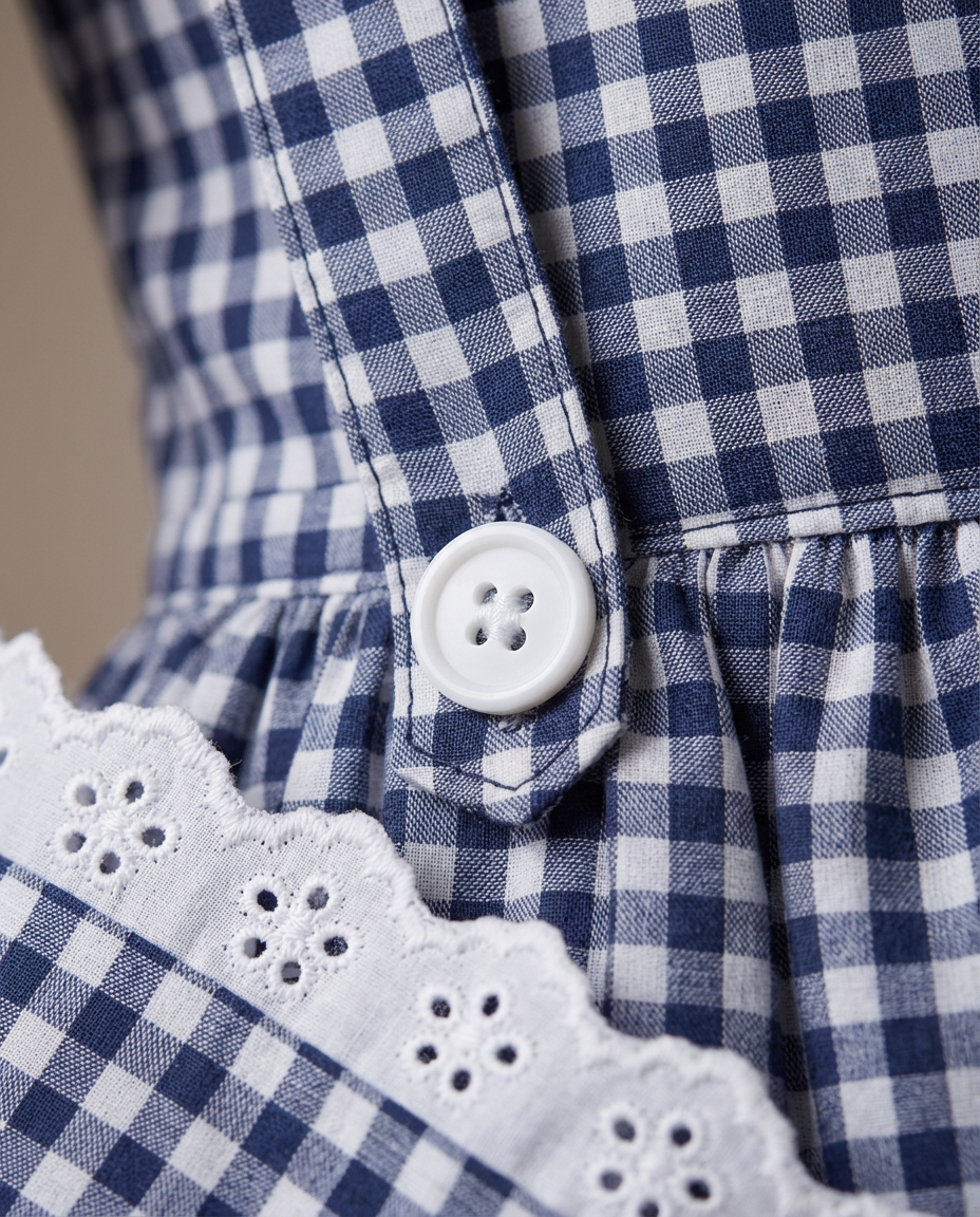 Blue Gingham Pinafore Party Dress for kids — Fabric & stitching close-up — Blue/White colour — Gingham Cotton Blend with Cotton Lining fabric — Indian sizes 20–30 — Dance Dress fancy dress for school annual day & sports day — Kolkata & West Bengal delivery — ZapCostumes