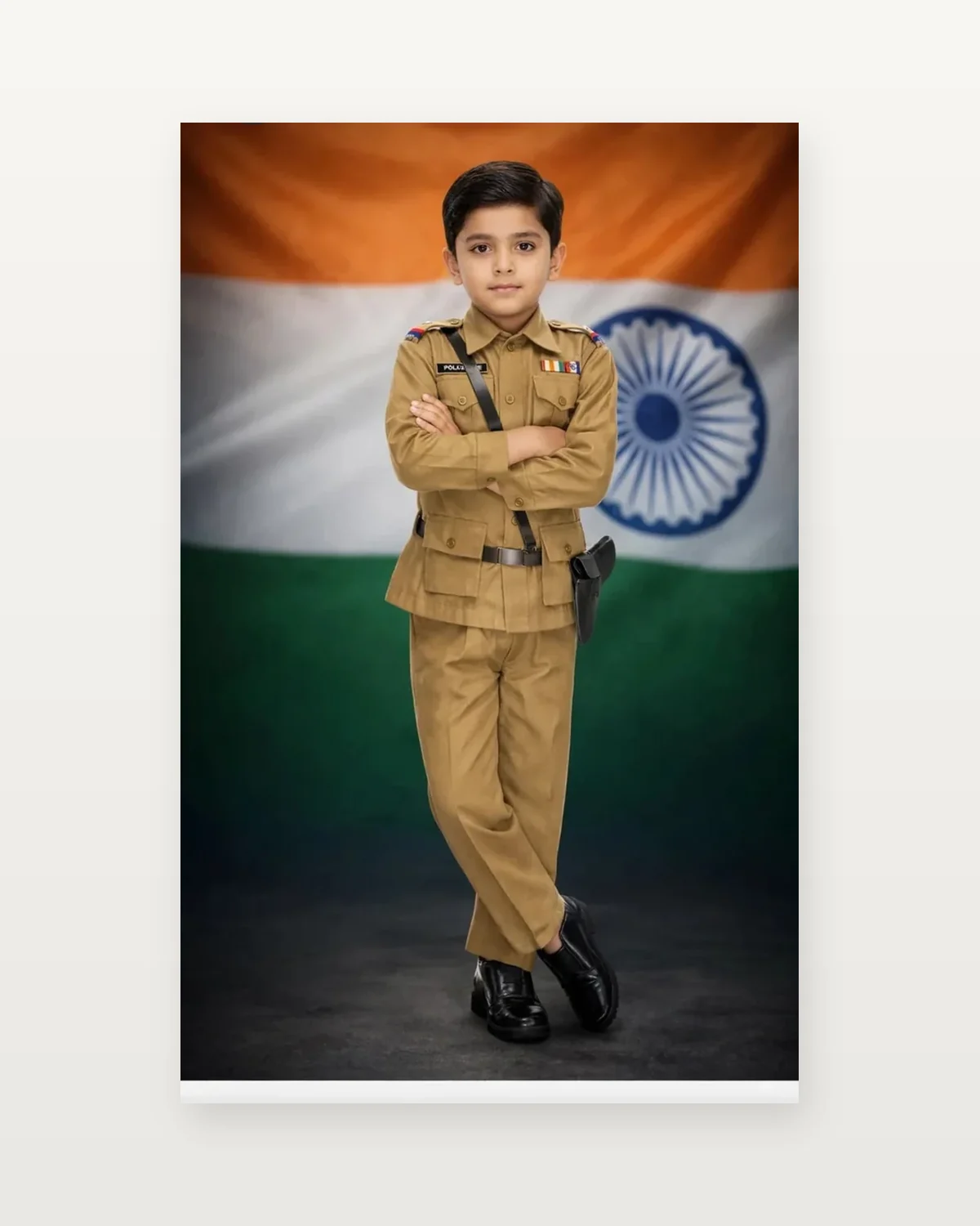Police Officer Costume for kids — Studio front view — Khaki colour — Polyester fabric — Indian sizes S (24)–XXL (40) — Defence Forces fancy dress for school annual day & sports day — Kolkata & West Bengal delivery — ZapCostumes