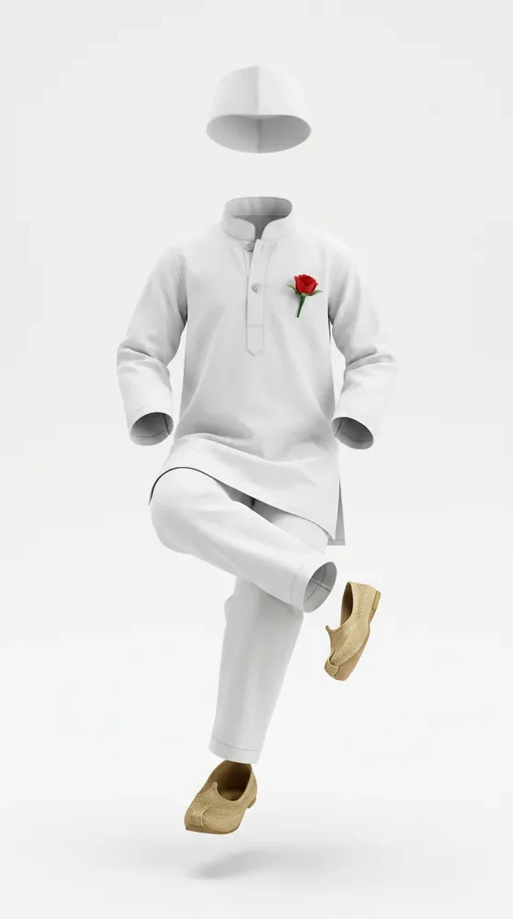 Jawaharlal Nehru Costume for kids — Ghost mannequin view — White colour — Polyester fabric — Indian sizes S (24)–XL (36) — Freedom Fighters fancy dress for school annual day & sports day — Kolkata & West Bengal delivery — ZapCostumes