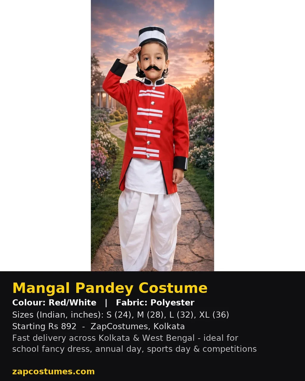 Mangal Pandey Costume for kids — Size, fabric & delivery details — Red/White colour — Polyester fabric — Indian sizes S (24)–XL (36) — Freedom Fighters fancy dress for school annual day & sports day — Kolkata & West Bengal delivery — ZapCostumes