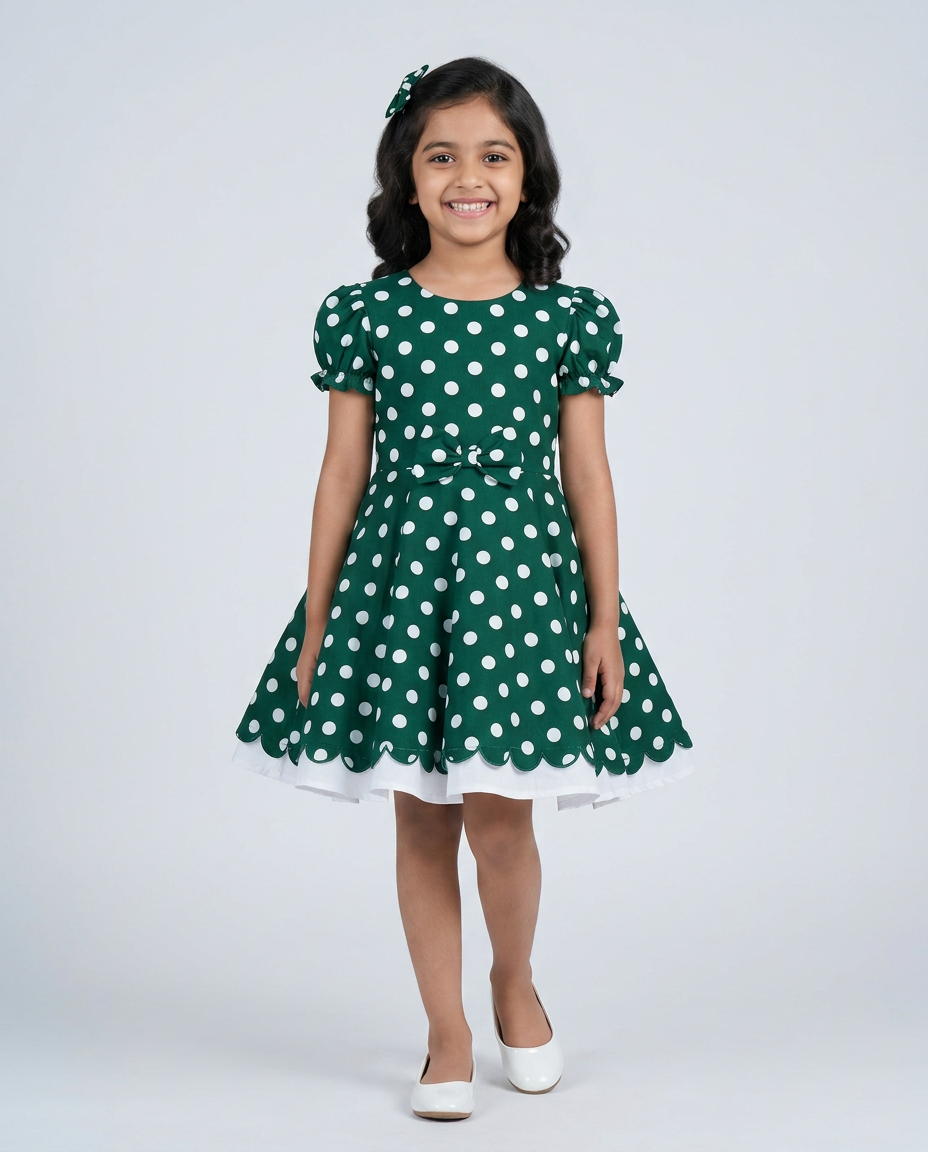 Green Polka Dot Party Dress for kids — Bottle Green/White colour — Cotton Blend with Cotton Lining fabric — Indian sizes 20–30 — Dance Dress fancy dress for school annual day & sports day — Kolkata & West Bengal delivery — ZapCostumes