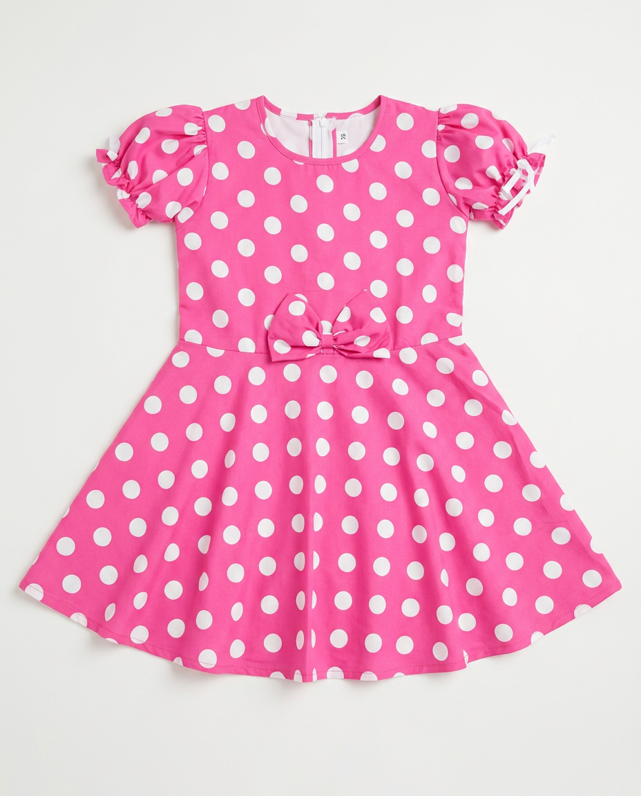 Pink Polka Dot Party Dress for kids — Fabric & stitching close-up — Pink/White colour — Cotton Blend with Cotton Lining fabric — Indian sizes 20–30 — Dance Dress fancy dress for school annual day & sports day — Kolkata & West Bengal delivery — ZapCostumes