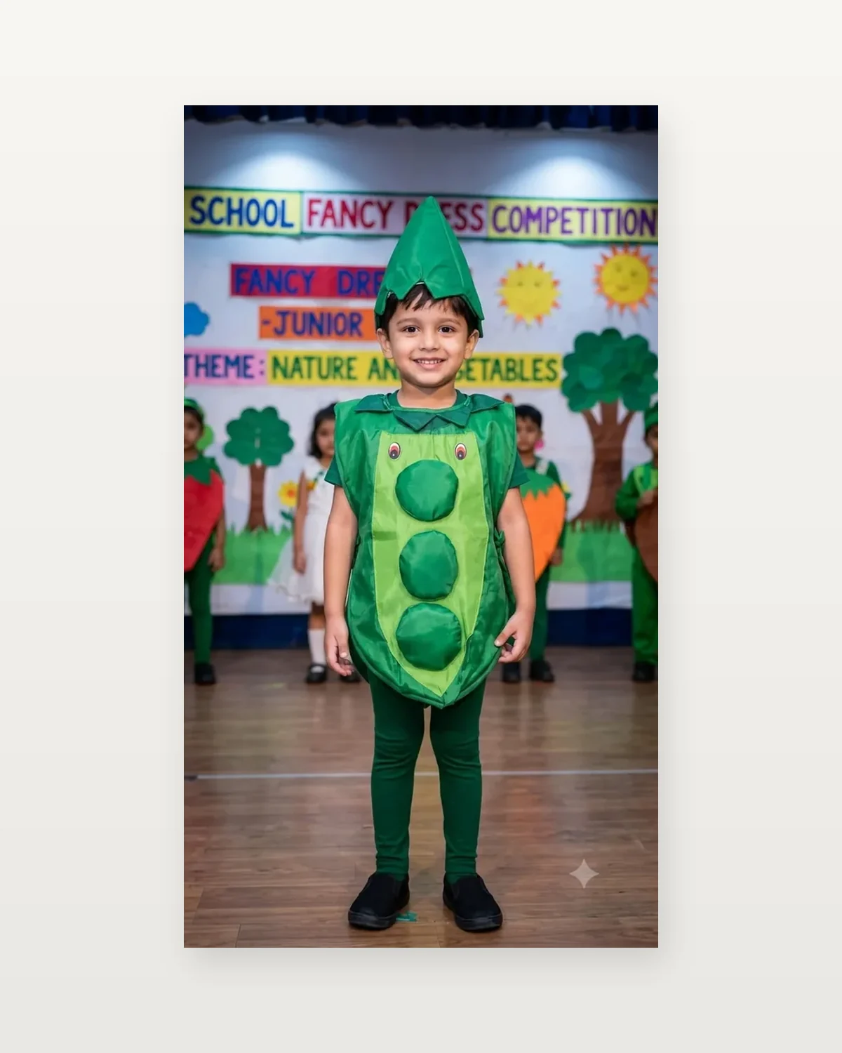 Pea Pod Costume for kids — Studio front view — Green colour — Polyester fabric — Indian sizes One Size — Fruits / Vegetables fancy dress for school annual day & sports day — Kolkata & West Bengal delivery — ZapCostumes