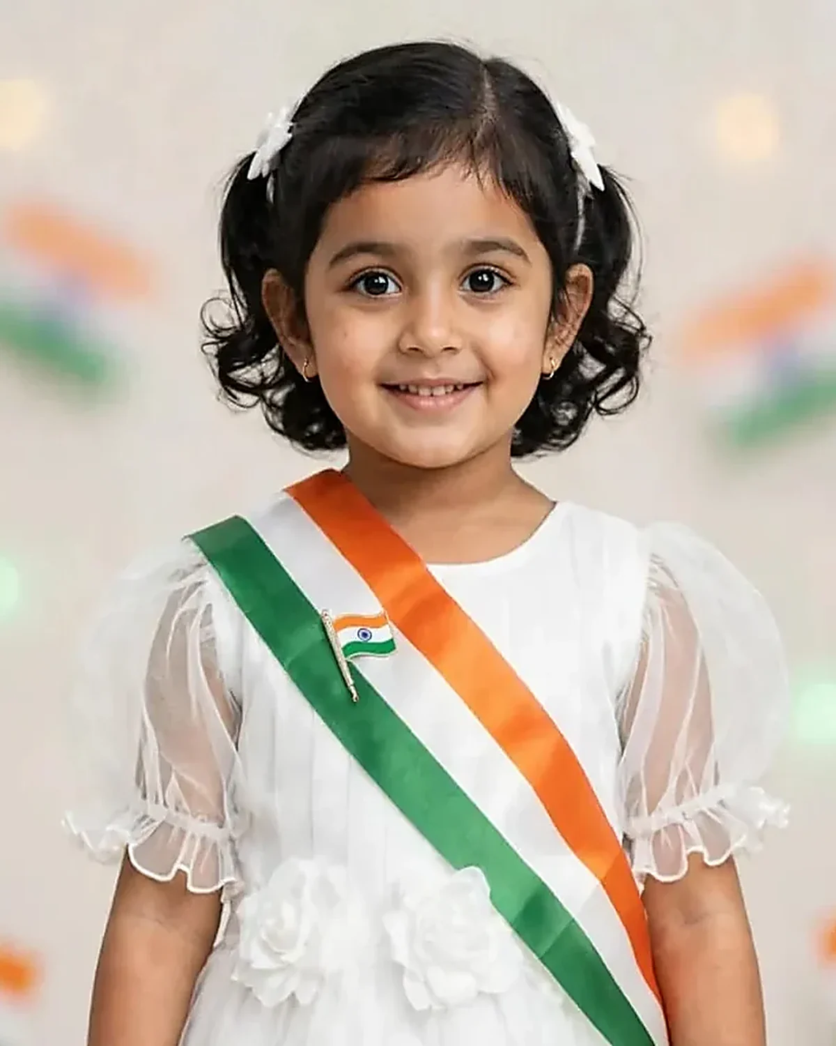 Tiranga Frock for kids — Top half close-up — White/Tricolour colour — Net fabric — Indian sizes 22–30 — White Kurta Pyjama fancy dress for school annual day & sports day — Kolkata & West Bengal delivery — ZapCostumes