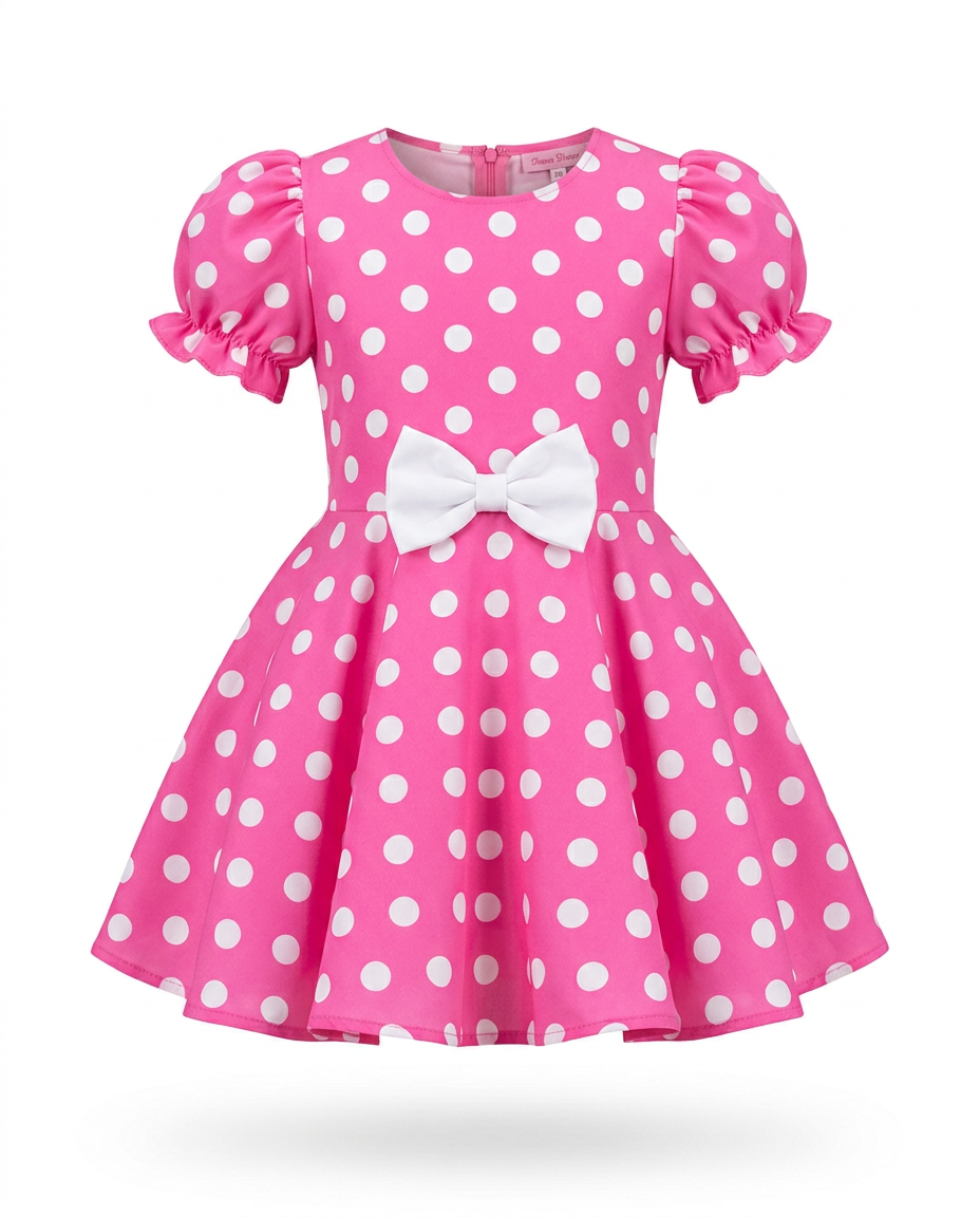 Pink Polka Dot Party Dress for kids — Ghost mannequin view — Pink/White colour — Cotton Blend with Cotton Lining fabric — Indian sizes 20–30 — Dance Dress fancy dress for school annual day & sports day — Kolkata & West Bengal delivery — ZapCostumes