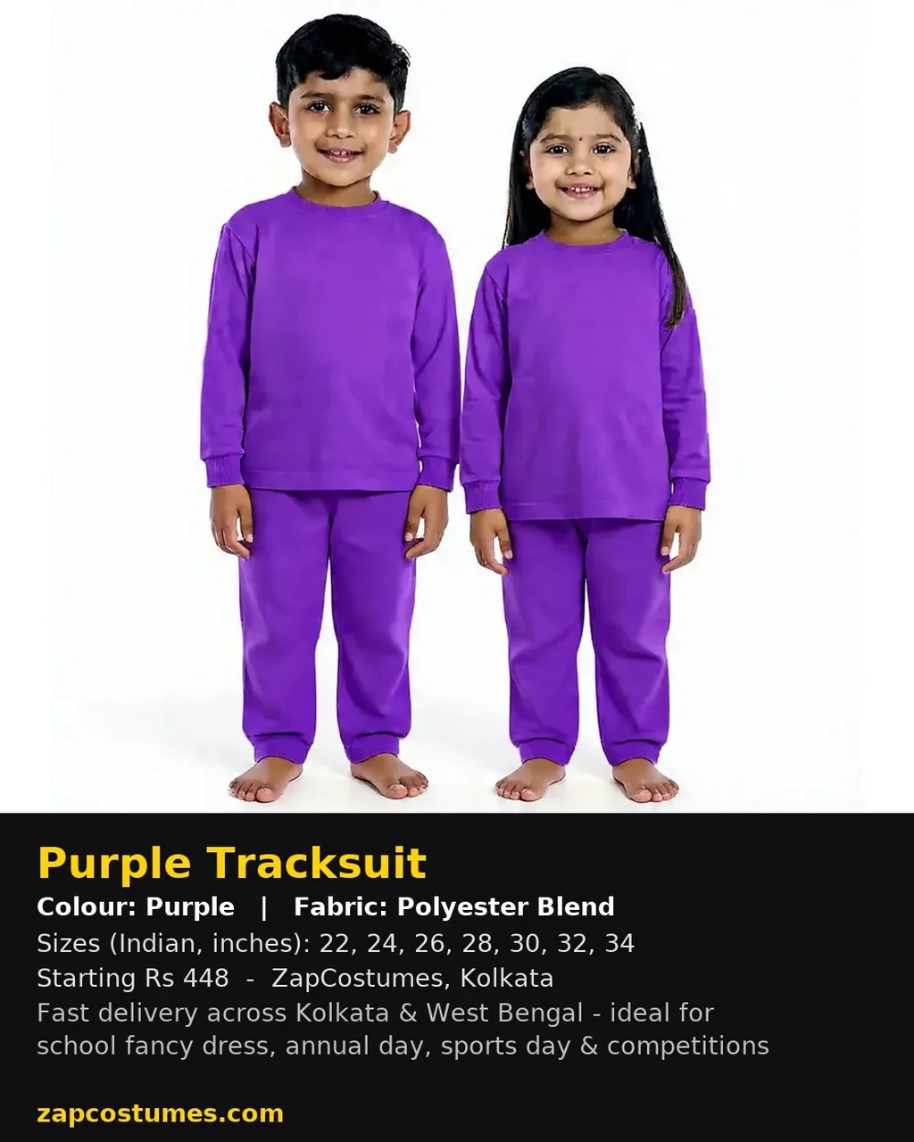 Purple Tracksuit for kids — Size, fabric & delivery details — Purple colour — Polyester Blend fabric — Indian sizes 22–34 — Tracksuits / Jersey fancy dress for school annual day & sports day — Kolkata & West Bengal delivery — ZapCostumes