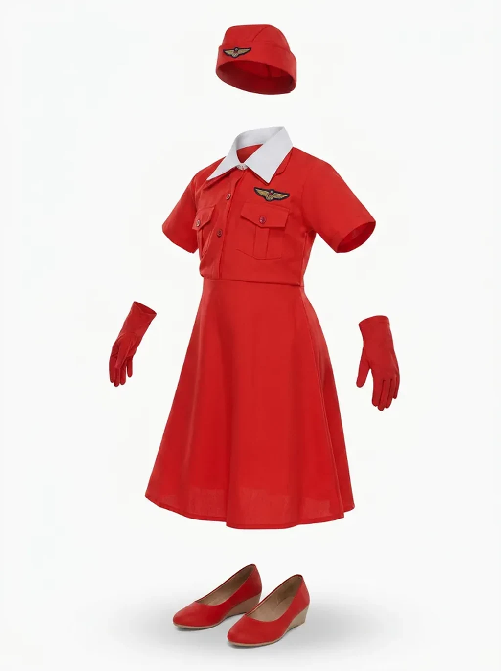 Air Hostess Costume for kids — Ghost mannequin view — Red colour — Polyester fabric — Indian sizes S (24)–XL (36) — Professions fancy dress for school annual day & sports day — Kolkata & West Bengal delivery — ZapCostumes