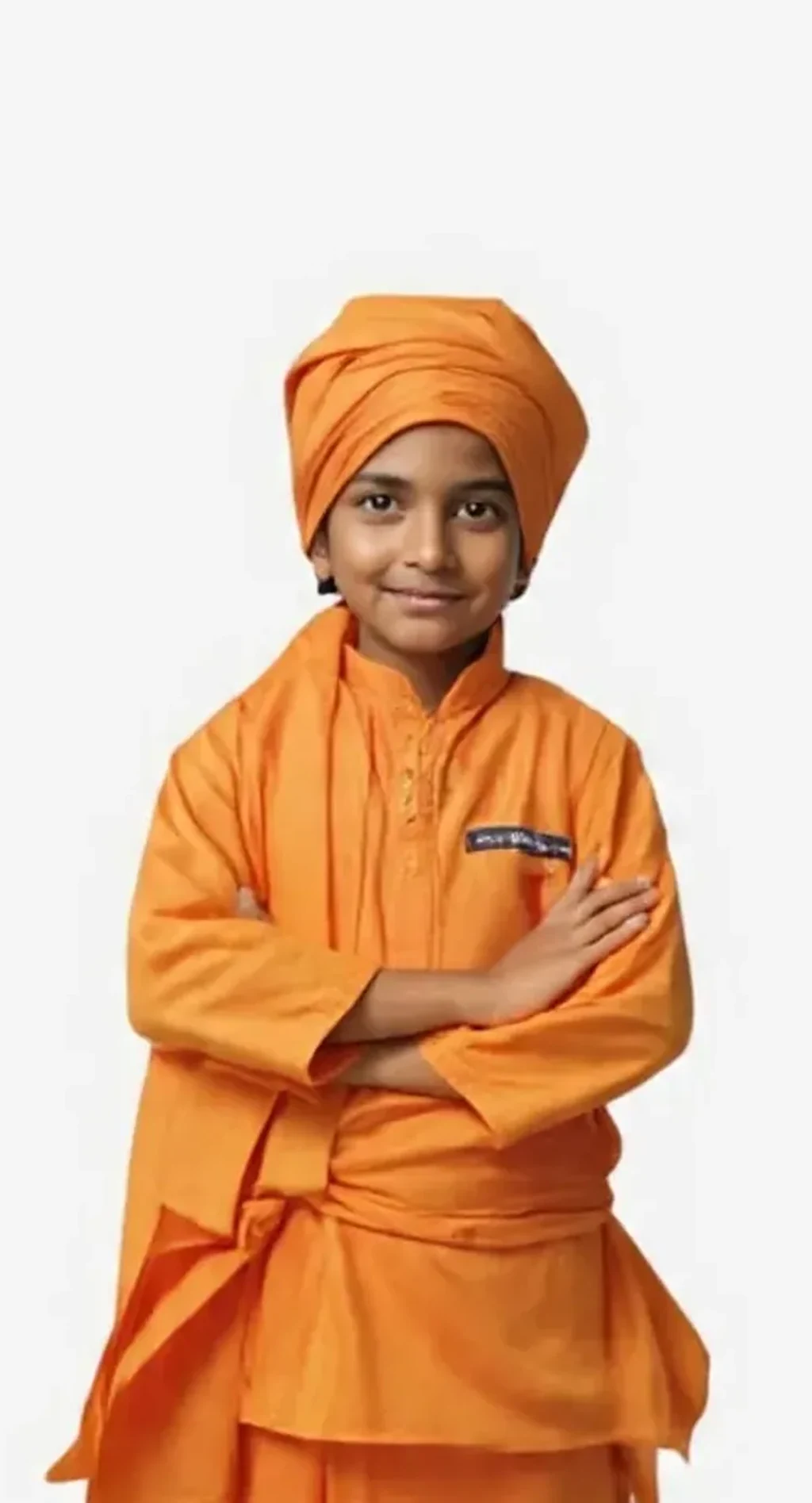 Swami Vivekananda Costume for kids — Zoomed-in fabric & detail view — Saffron colour — Polyester fabric — Indian sizes S (24)–XL (36) — Freedom Fighters fancy dress for school annual day & sports day — Kolkata & West Bengal delivery — ZapCostumes