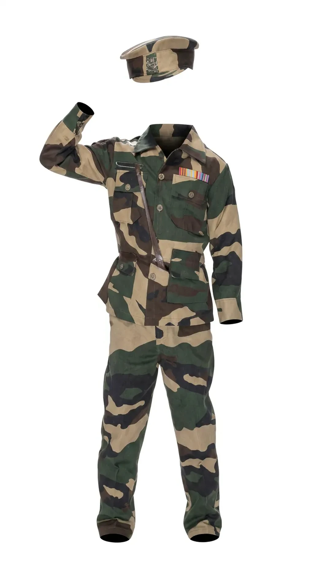 BSF Jawan Costume for kids — Ghost mannequin view — Khaki Olive colour — Polyester fabric — Indian sizes S (24)–XXL (40) — Defence Forces fancy dress for school annual day & sports day — Kolkata & West Bengal delivery — ZapCostumes