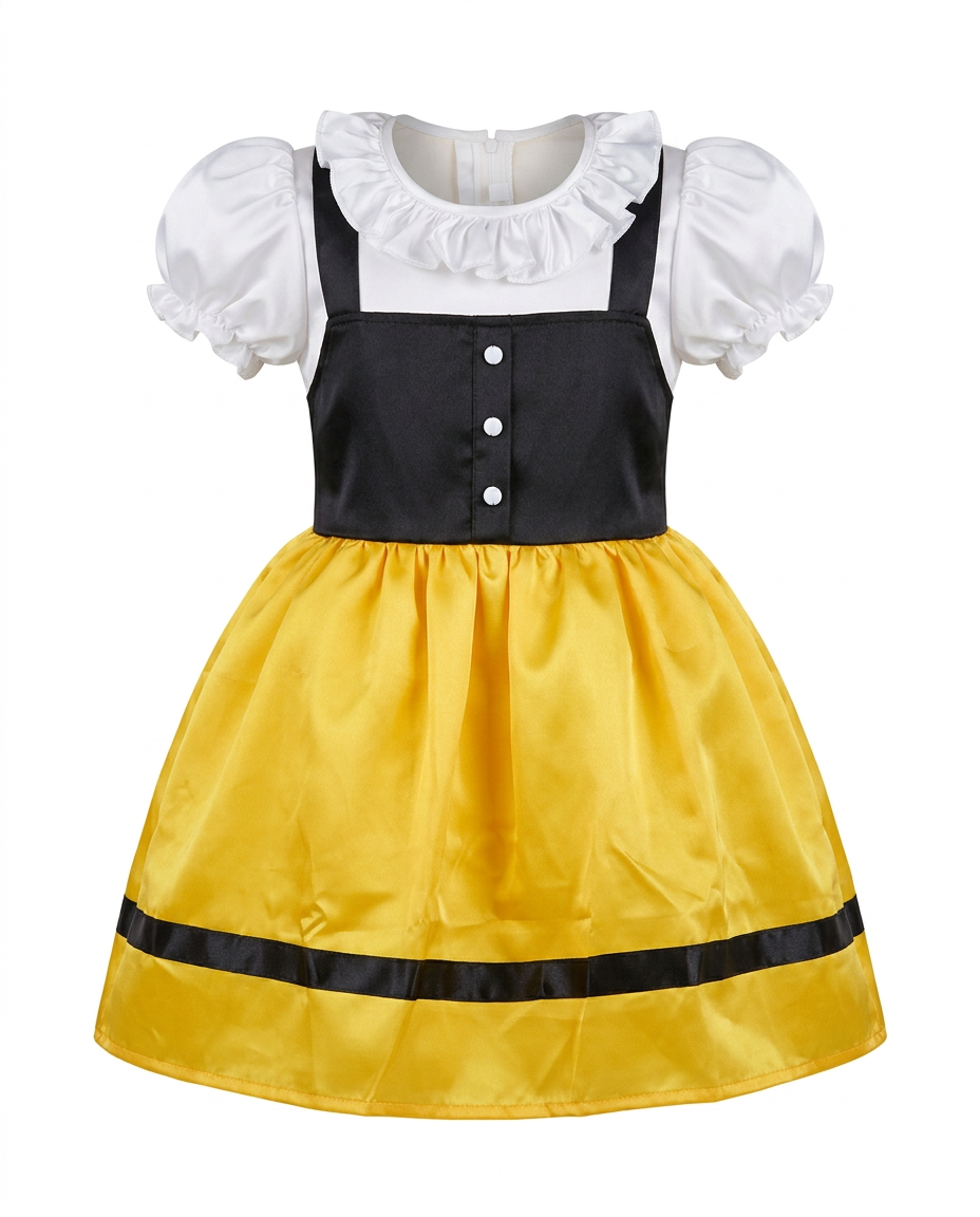 Yellow & Black Satin Party Dress for kids — Ghost mannequin view — Yellow/Black colour — Satin with Cotton Lining fabric — Indian sizes 20–30 — Dance Dress fancy dress for school annual day & sports day — Kolkata & West Bengal delivery — ZapCostumes