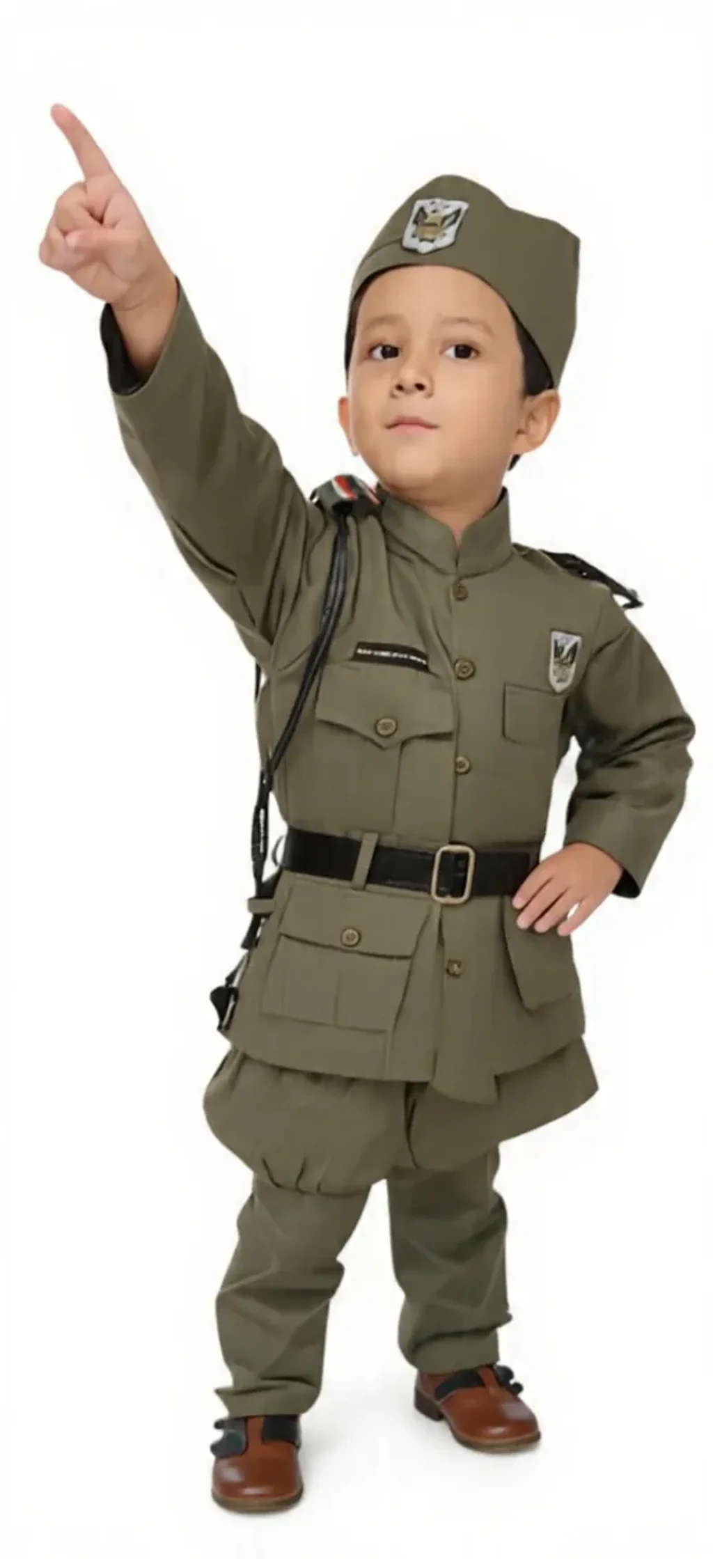 Netaji Subhash Chandra Bose Costume for kids — Olive Green colour — Polyester fabric — Indian sizes S (24)–XL (36) — Freedom Fighters fancy dress for school annual day & sports day — Kolkata & West Bengal delivery — ZapCostumes