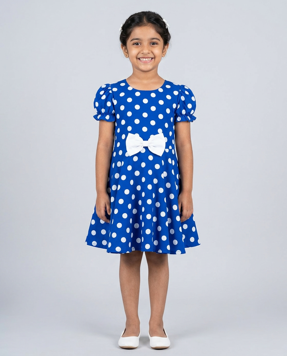 Blue Polka Dot Party Dress for kids — Royal Blue/White colour — Cotton Blend with Cotton Lining fabric — Indian sizes 20–30 — Dance Dress fancy dress for school annual day & sports day — Kolkata & West Bengal delivery — ZapCostumes