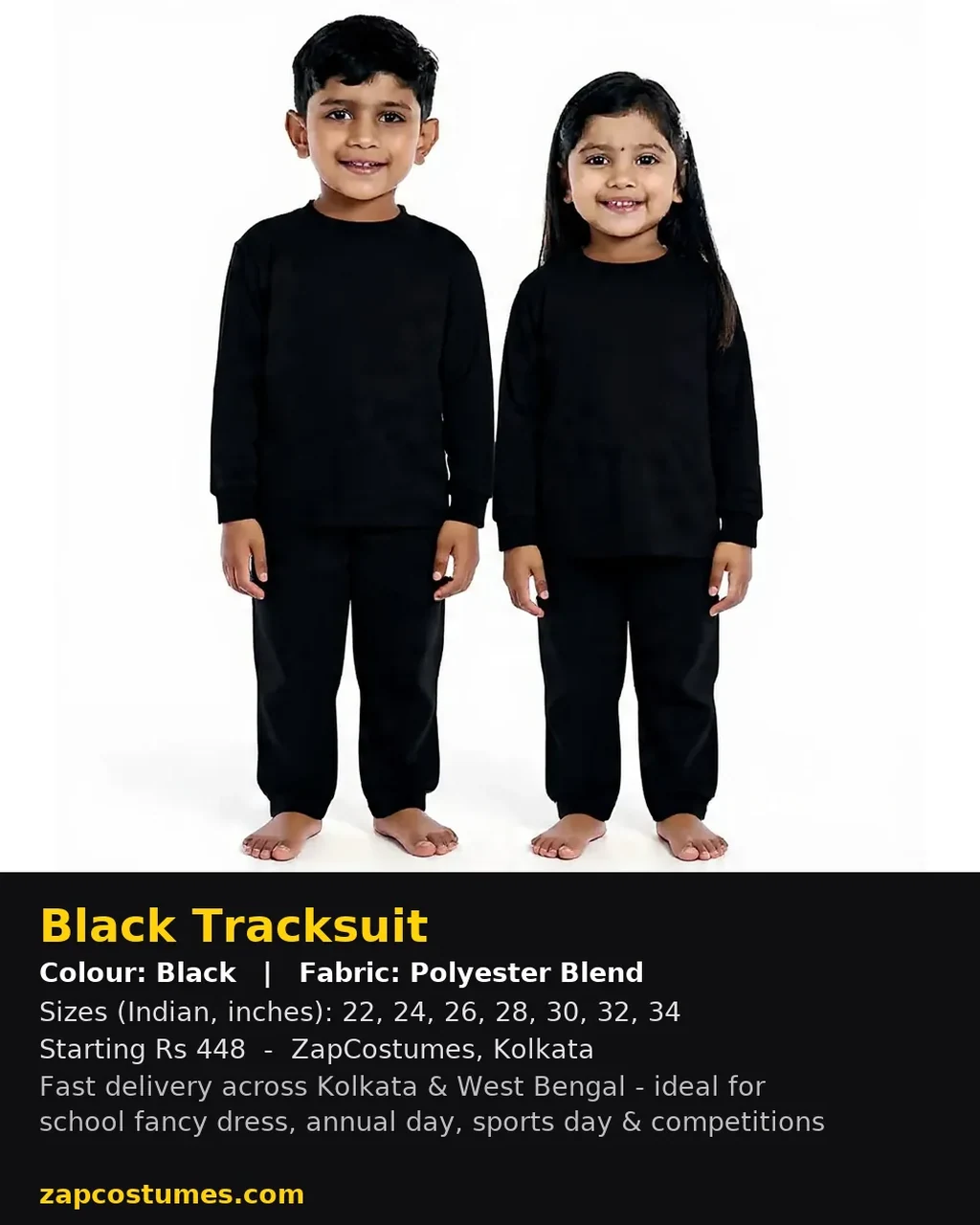 Black Tracksuit for kids — Size, fabric & delivery details — Black colour — Polyester Blend fabric — Indian sizes 22–34 — Tracksuits / Jersey fancy dress for school annual day & sports day — Kolkata & West Bengal delivery — ZapCostumes
