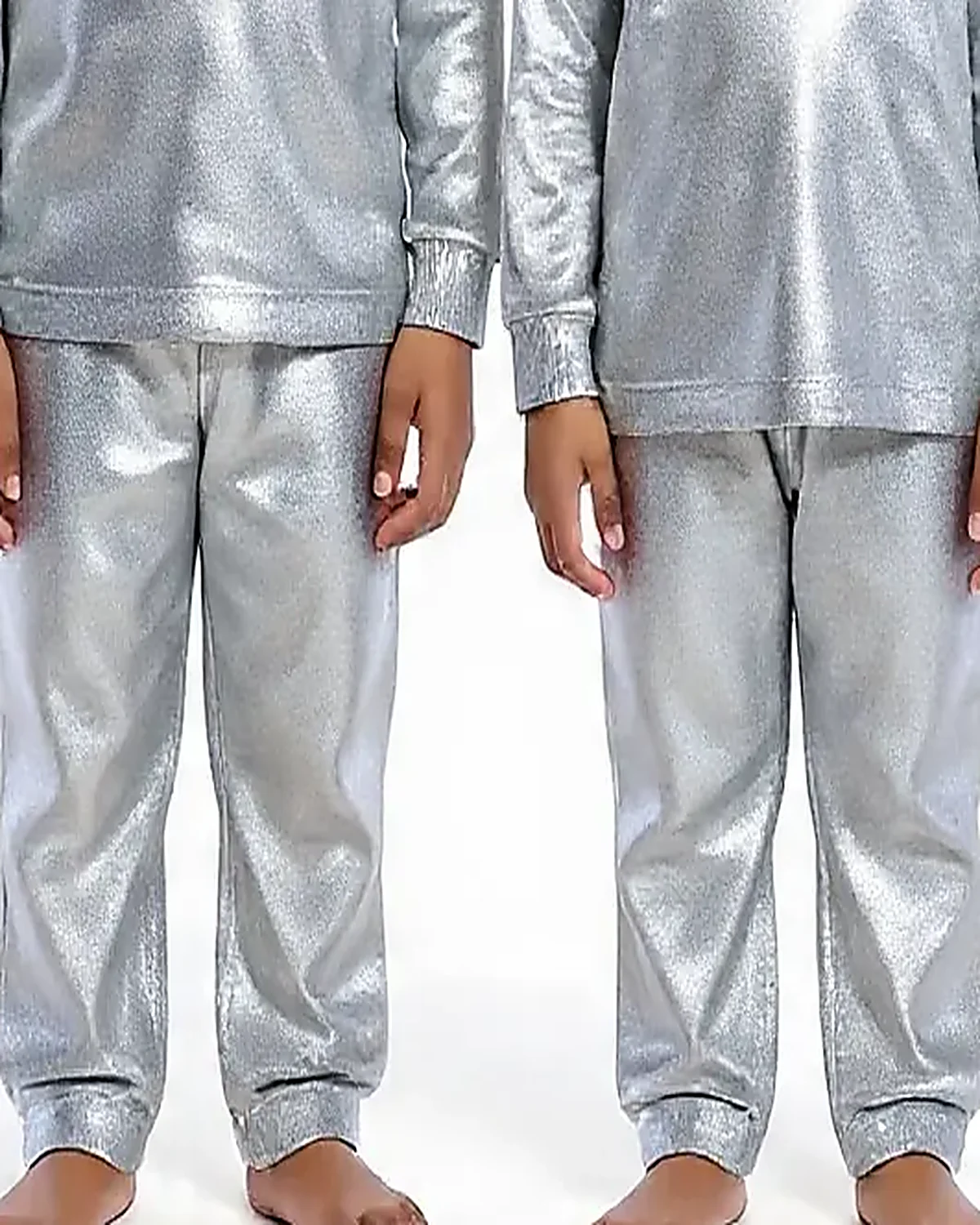 Silver Metallic Tracksuit for kids — Lower half close-up — Silver colour — Polyester Blend fabric — Indian sizes 22–34 — Tracksuits / Jersey fancy dress for school annual day & sports day — Kolkata & West Bengal delivery — ZapCostumes