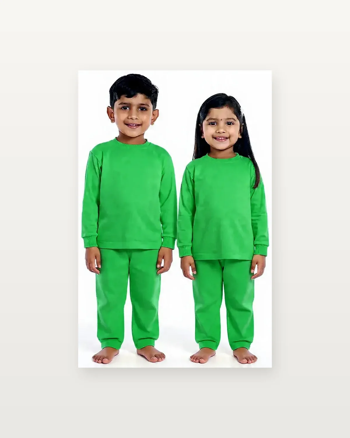Green Tracksuit for kids — Studio front view — Green colour — Polyester Blend fabric — Indian sizes 22–34 — Tracksuits / Jersey fancy dress for school annual day & sports day — Kolkata & West Bengal delivery — ZapCostumes