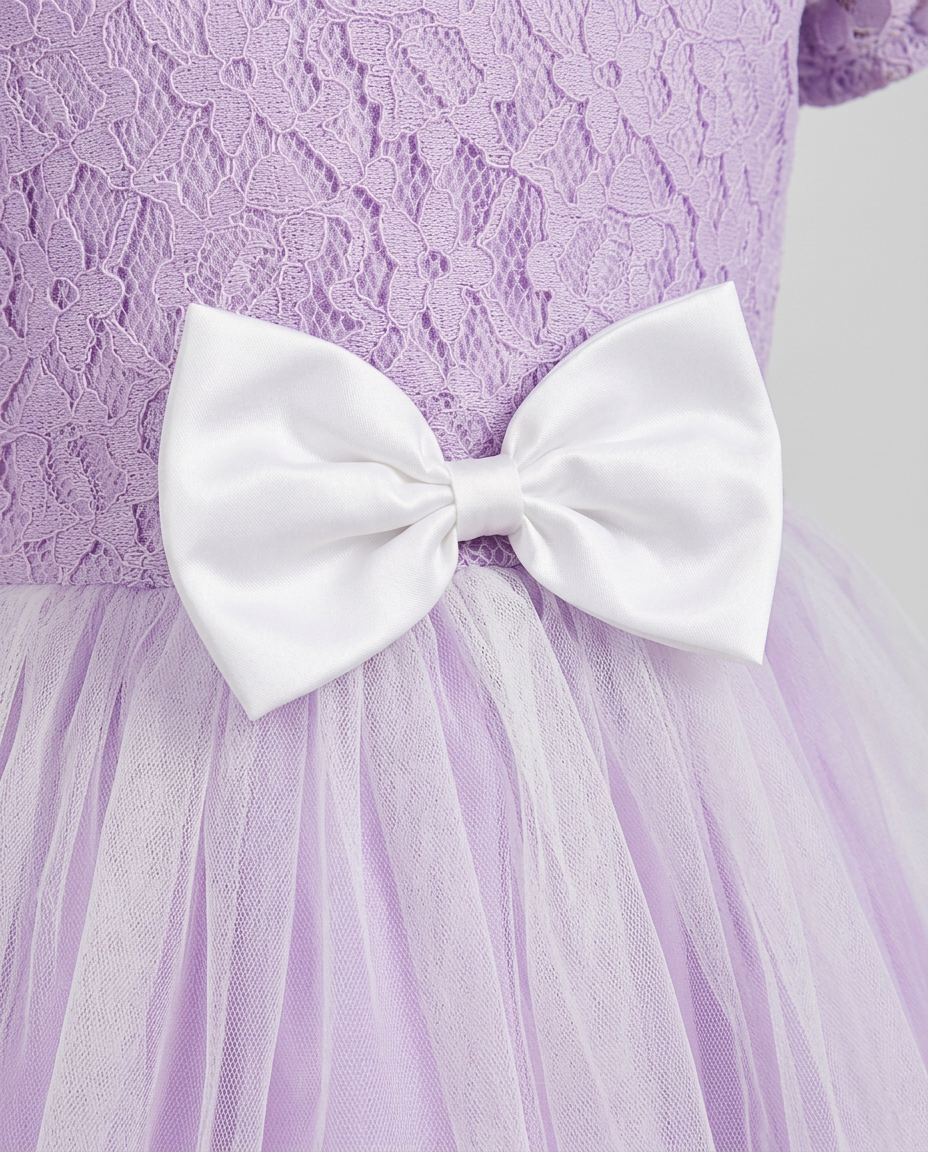 Lavender & White Lace Tulle Party Dress for kids — Fabric & stitching close-up — Lavender/White colour — Floral Lace & Tulle with Satin Lining fabric — Indian sizes 20–30 — Dance Dress fancy dress for school annual day & sports day — Kolkata & West Bengal delivery — ZapCostumes