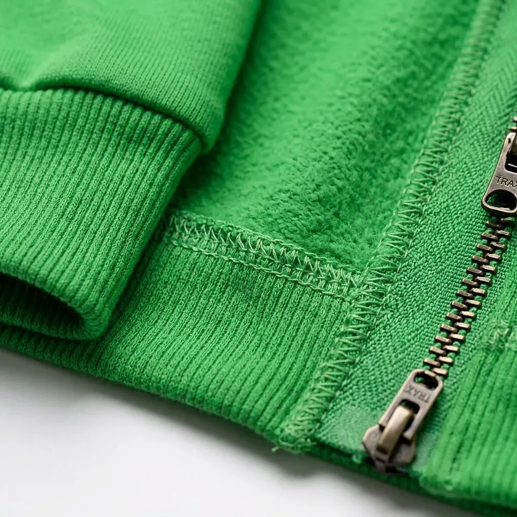 Green Tracksuit for kids — Fabric & stitching close-up — Green colour — Polyester Blend fabric — Indian sizes 22–34 — Tracksuits / Jersey fancy dress for school annual day & sports day — Kolkata & West Bengal delivery — ZapCostumes