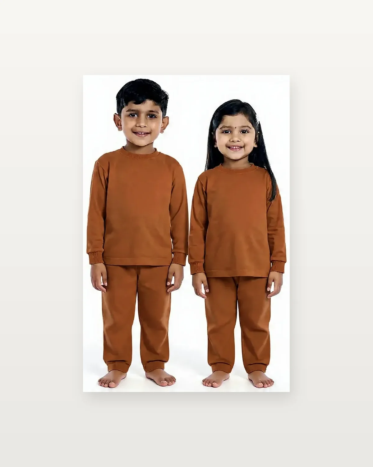 Brown Tracksuit for kids — Studio front view — Brown colour — Polyester Blend fabric — Indian sizes 22–34 — Tracksuits / Jersey fancy dress for school annual day & sports day — Kolkata & West Bengal delivery — ZapCostumes
