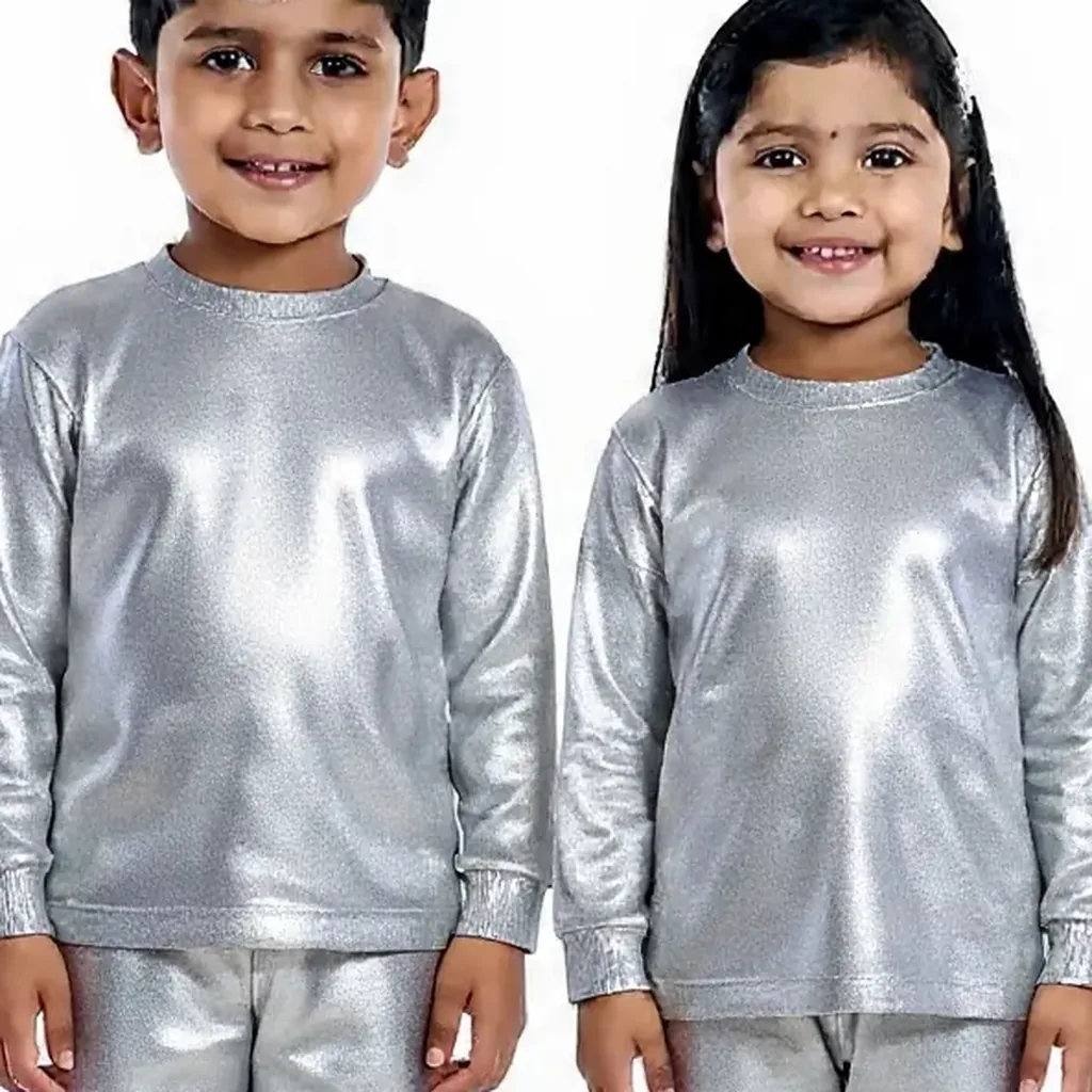 Silver Metallic Tracksuit for kids — Zoomed-in fabric & detail view — Silver colour — Polyester Blend fabric — Indian sizes 22–34 — Tracksuits / Jersey fancy dress for school annual day & sports day — Kolkata & West Bengal delivery — ZapCostumes