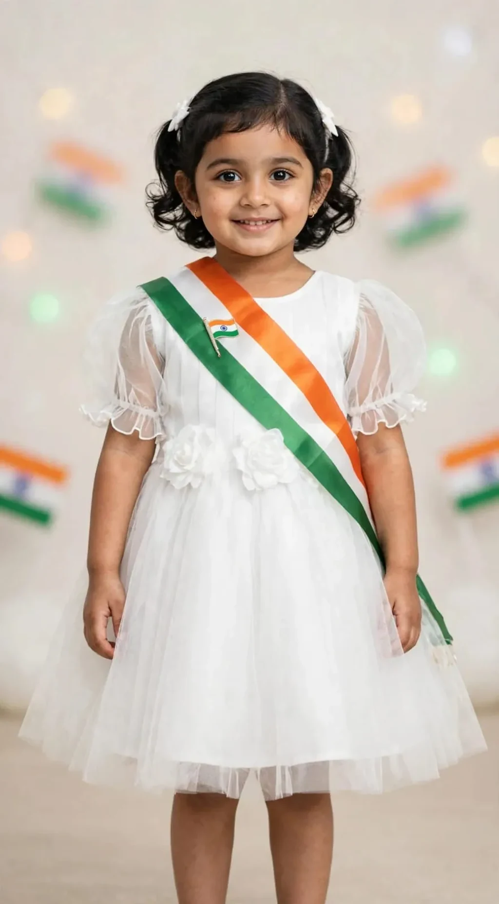Tiranga Frock for kids — White/Tricolour colour — Net fabric — Indian sizes 22–30 — White Kurta Pyjama fancy dress for school annual day & sports day — Kolkata & West Bengal delivery — ZapCostumes