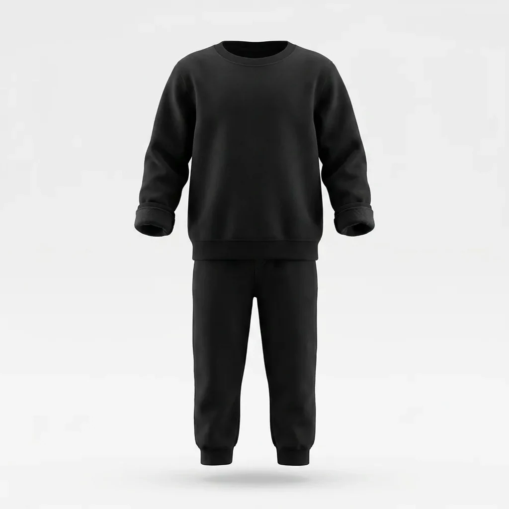 Black Tracksuit for kids — Ghost mannequin view — Black colour — Polyester Blend fabric — Indian sizes 22–34 — Tracksuits / Jersey fancy dress for school annual day & sports day — Kolkata & West Bengal delivery — ZapCostumes