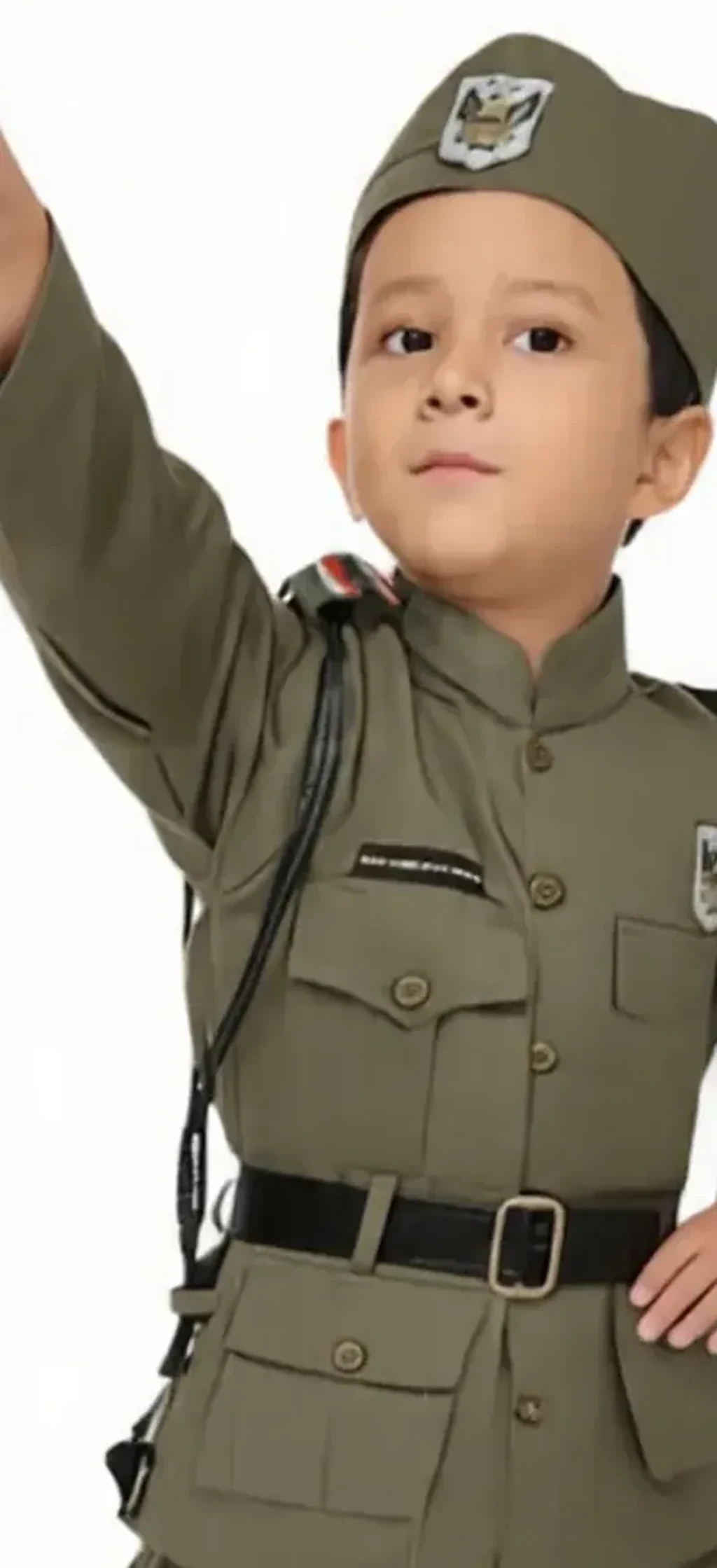 Netaji Subhash Chandra Bose Costume for kids — Zoomed-in fabric & detail view — Olive Green colour — Polyester fabric — Indian sizes S (24)–XL (36) — Freedom Fighters fancy dress for school annual day & sports day — Kolkata & West Bengal delivery — ZapCostumes