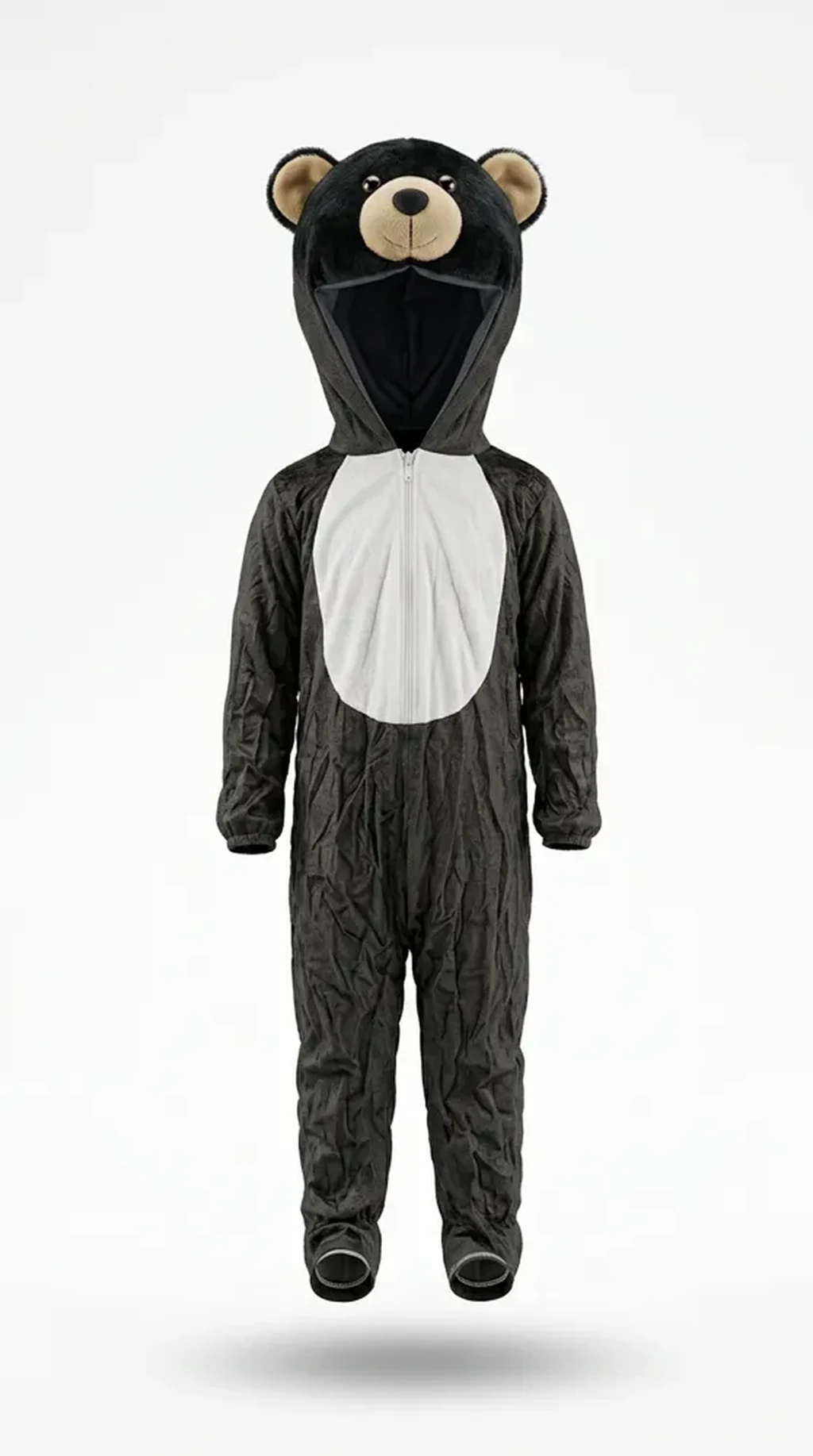 Black Bear Costume for kids — Ghost mannequin view — Black/White colour — Plush Polyester fabric — Indian sizes S–L — Animals fancy dress for school annual day & sports day — Kolkata & West Bengal delivery — ZapCostumes