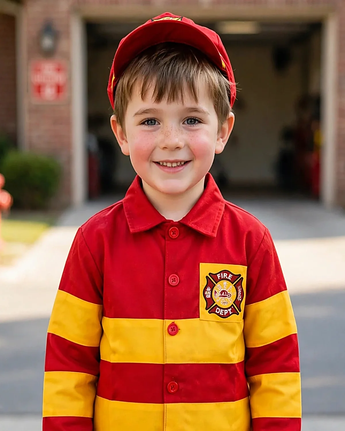 Fireman Costume for kids — Top half close-up — Red/Yellow colour — Polyester fabric — Indian sizes S (24)–L (32) — Professions fancy dress for school annual day & sports day — Kolkata & West Bengal delivery — ZapCostumes