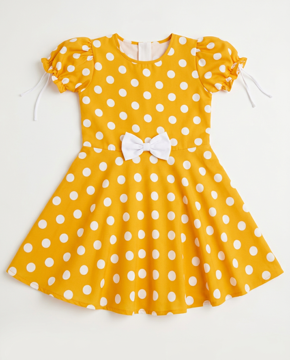 Yellow Polka Dot Party Dress for kids — Fabric & stitching close-up — Yellow/White colour — Cotton Blend with Cotton Lining fabric — Indian sizes 20–30 — Dance Dress fancy dress for school annual day & sports day — Kolkata & West Bengal delivery — ZapCostumes