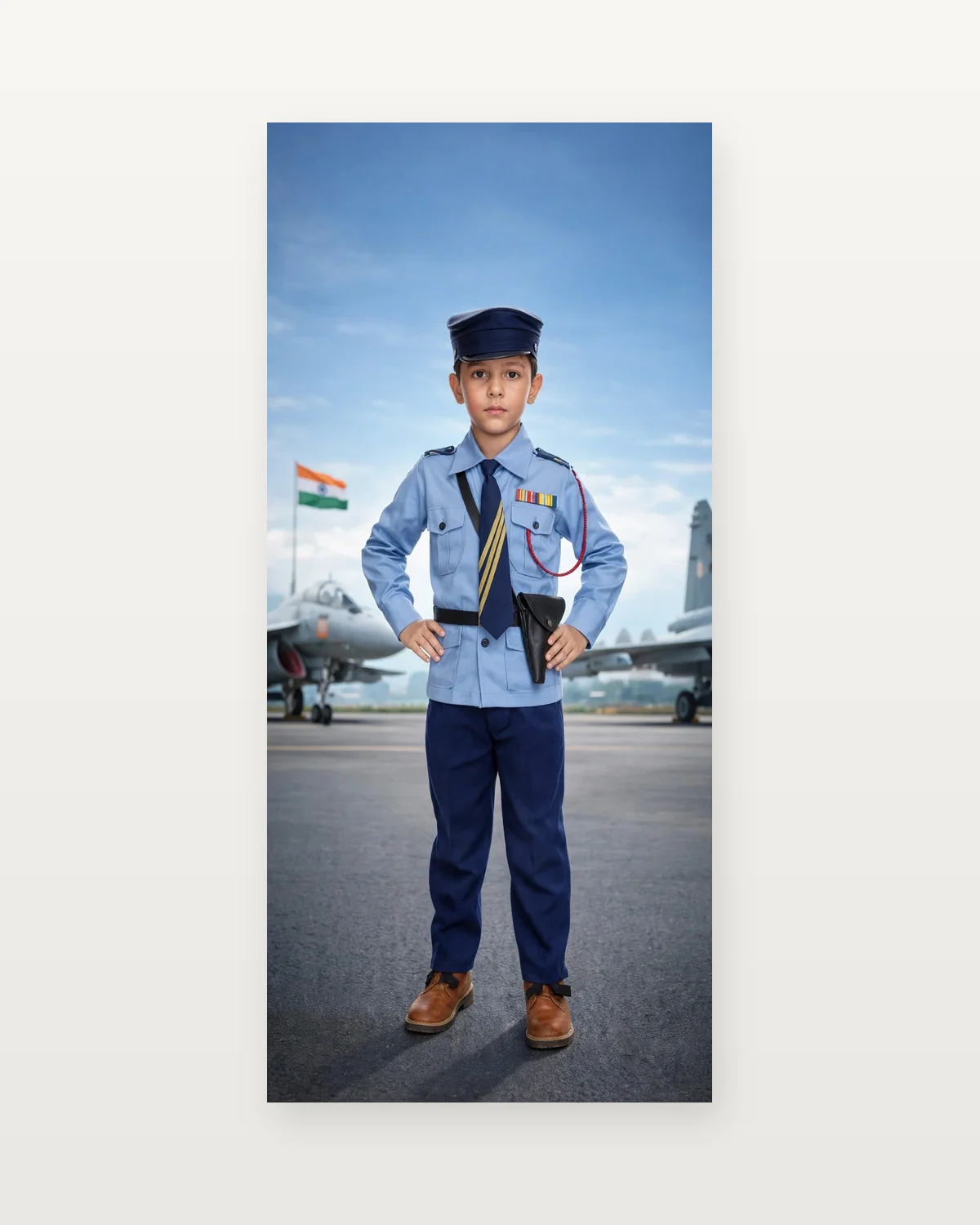Air Force Officer Costume for kids — Studio front view — Sky Blue colour — Polyester fabric — Indian sizes S (24)–L (32) — Defence Forces fancy dress for school annual day & sports day — Kolkata & West Bengal delivery — ZapCostumes