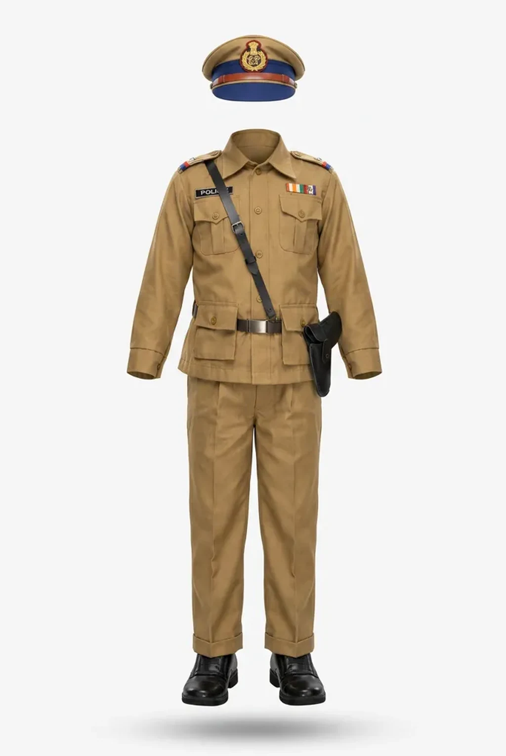 Police Officer Costume for kids — Ghost mannequin view — Khaki colour — Polyester fabric — Indian sizes S (24)–XXL (40) — Defence Forces fancy dress for school annual day & sports day — Kolkata & West Bengal delivery — ZapCostumes