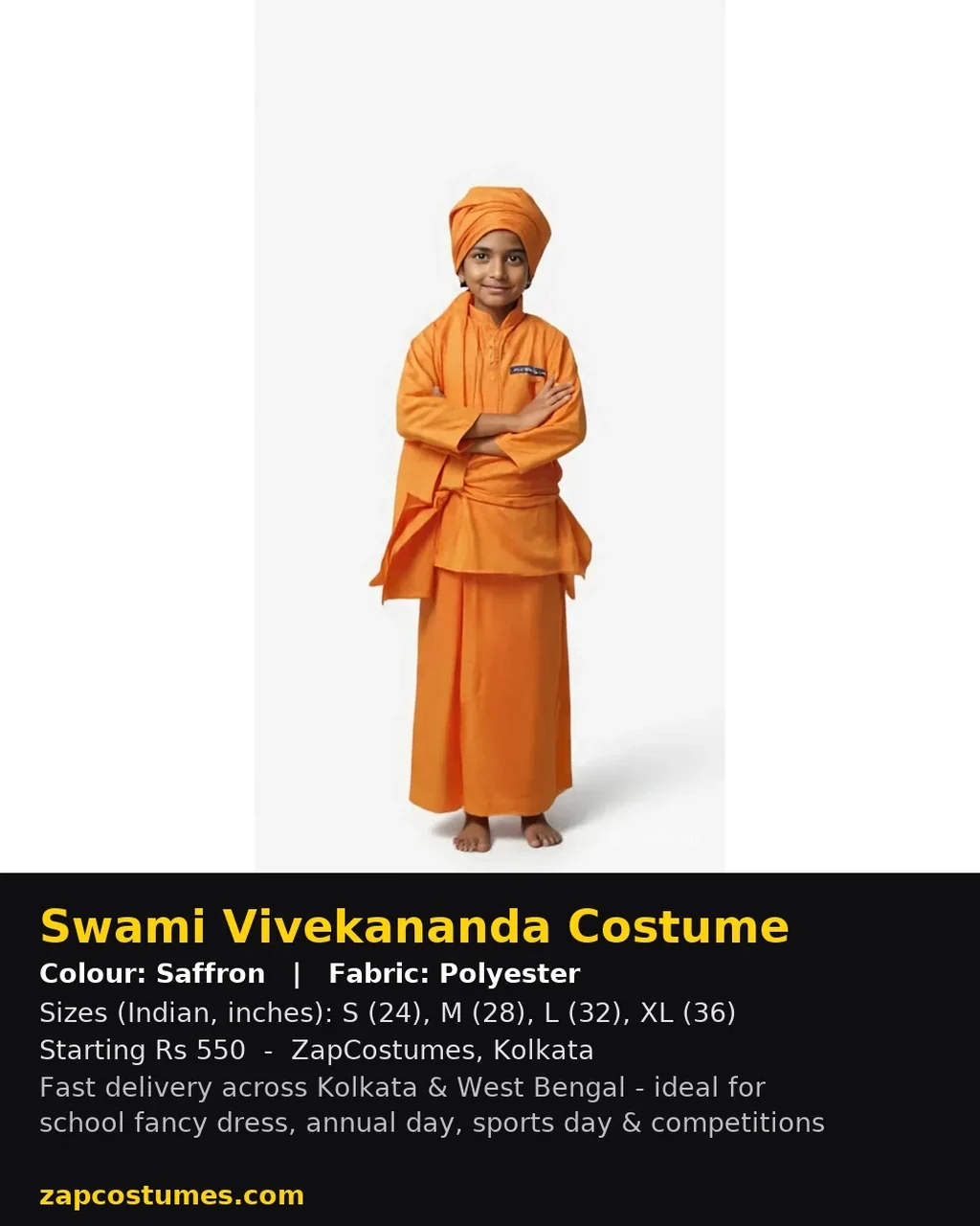 Swami Vivekananda Costume for kids — Size, fabric & delivery details — Saffron colour — Polyester fabric — Indian sizes S (24)–XL (36) — Freedom Fighters fancy dress for school annual day & sports day — Kolkata & West Bengal delivery — ZapCostumes