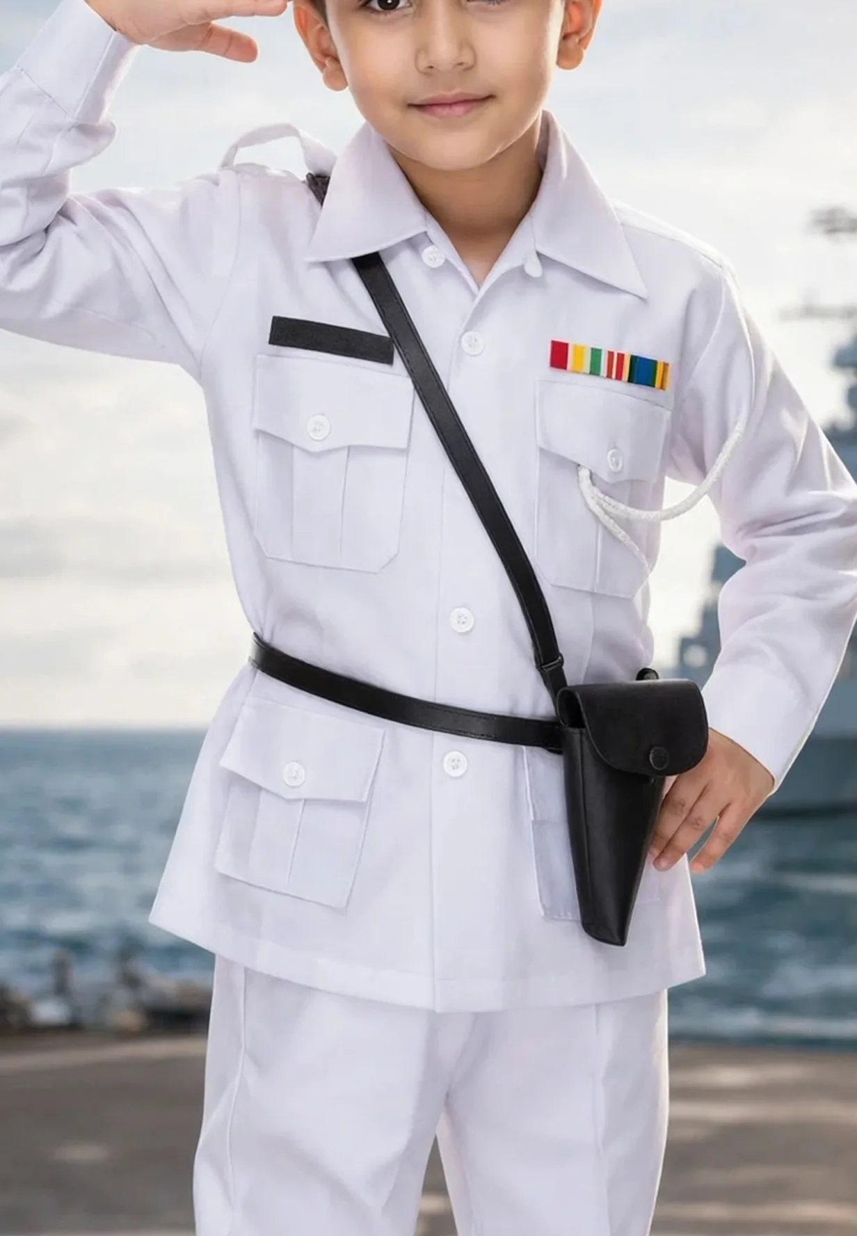 Navy Officer Costume for kids — Zoomed-in fabric & detail view — White colour — Polyester fabric — Indian sizes S (24)–L (32) — Defence Forces fancy dress for school annual day & sports day — Kolkata & West Bengal delivery — ZapCostumes