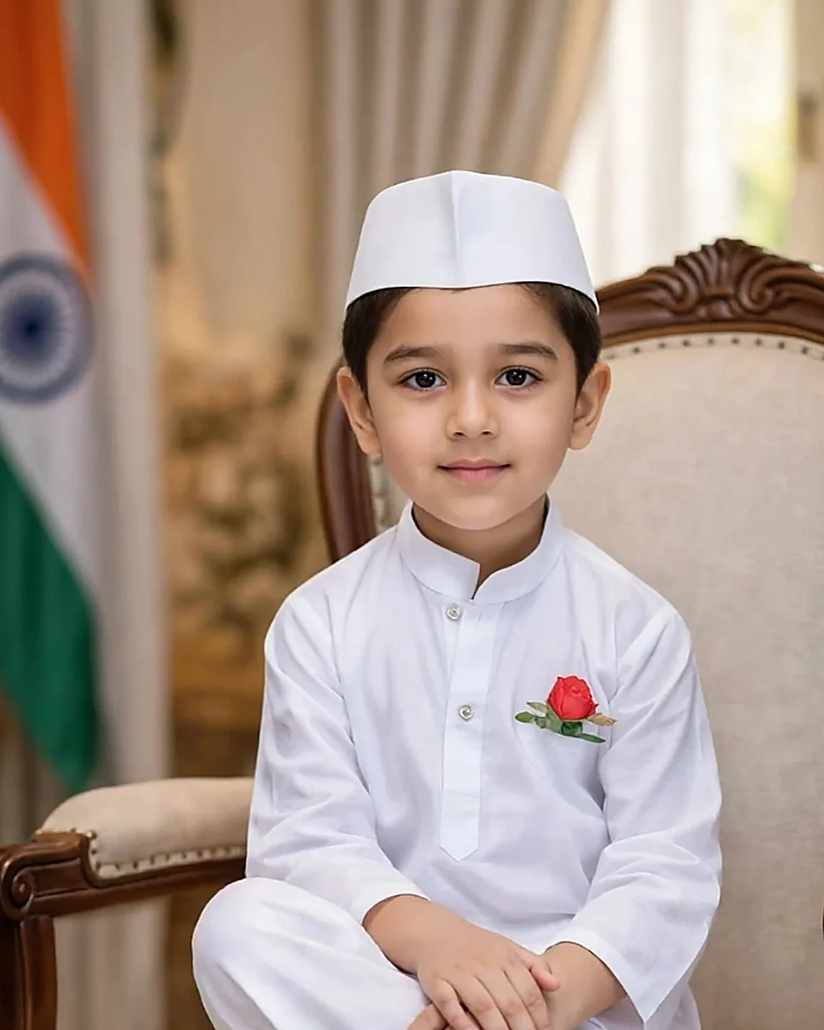 Jawaharlal Nehru Costume for kids — Top half close-up — White colour — Polyester fabric — Indian sizes S (24)–XL (36) — Freedom Fighters fancy dress for school annual day & sports day — Kolkata & West Bengal delivery — ZapCostumes