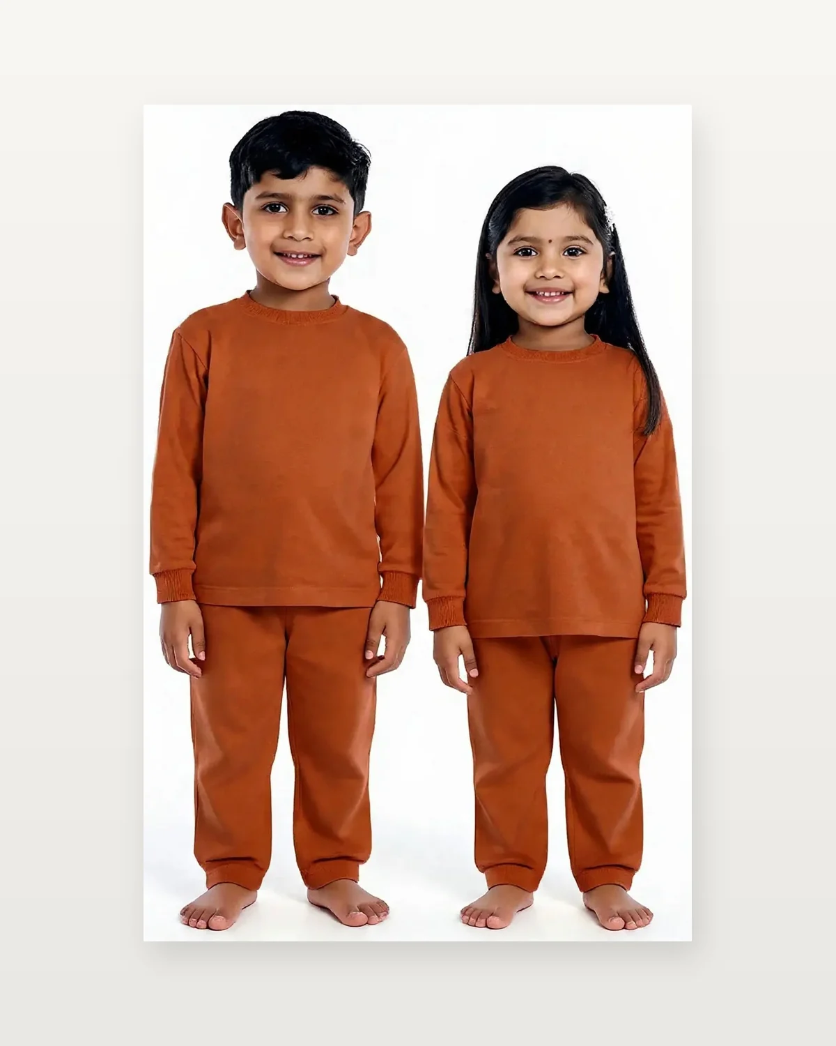 Rust Tracksuit for kids — Studio front view — Rust colour — Polyester Blend fabric — Indian sizes 22–34 — Tracksuits / Jersey fancy dress for school annual day & sports day — Kolkata & West Bengal delivery — ZapCostumes