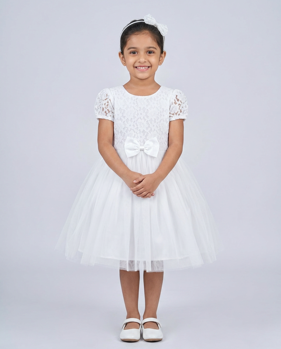 White Lace & Tulle Party Dress for kids — White colour — Floral Lace & Tulle with Satin Lining fabric — Indian sizes 20–30 — Dance Dress fancy dress for school annual day & sports day — Kolkata & West Bengal delivery — ZapCostumes