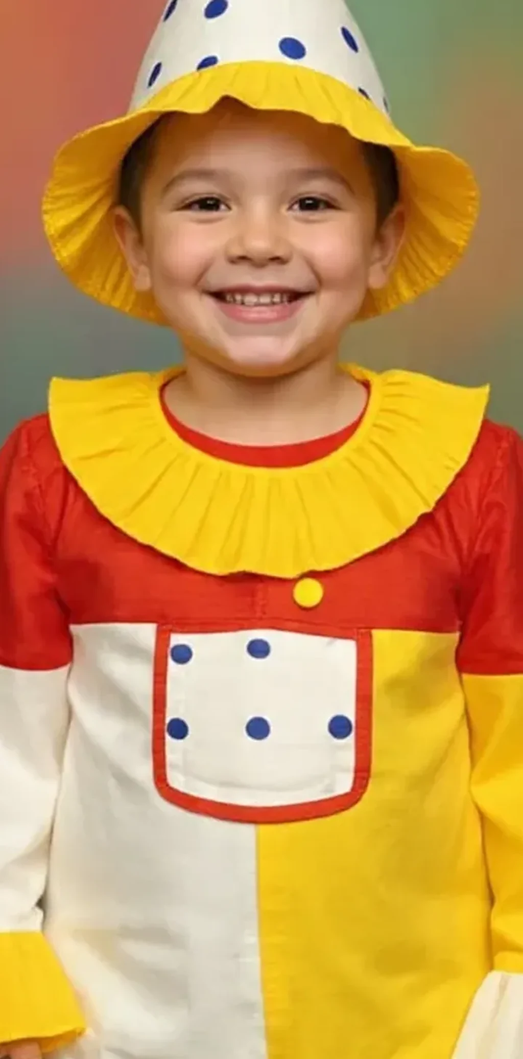 Joker / Clown Costume for kids — Zoomed-in fabric & detail view — Red/Yellow colour — Polyester fabric — Indian sizes S–XL — Clown / Joker fancy dress for school annual day & sports day — Kolkata & West Bengal delivery — ZapCostumes