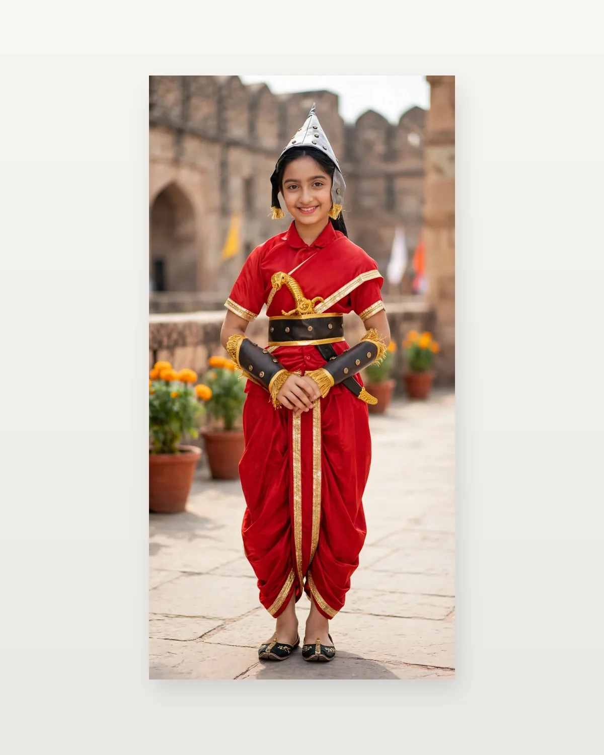 Rani Lakshmibai Costume for kids — Studio front view — Red/Gold colour — Polyester fabric — Indian sizes S (24)–XL (36) — Freedom Fighters fancy dress for school annual day & sports day — Kolkata & West Bengal delivery — ZapCostumes