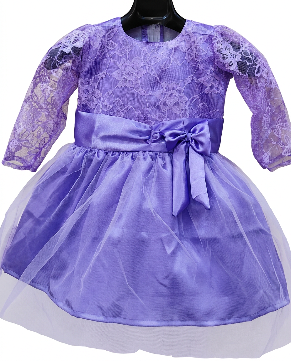 Lavender Lace & Tulle Party Dress for kids — Fabric & stitching close-up — Lavender Purple colour — Net Lace & Tulle with Satin Lining fabric — Indian sizes 20–30 — Dance Dress fancy dress for school annual day & sports day — Kolkata & West Bengal delivery — ZapCostumes
