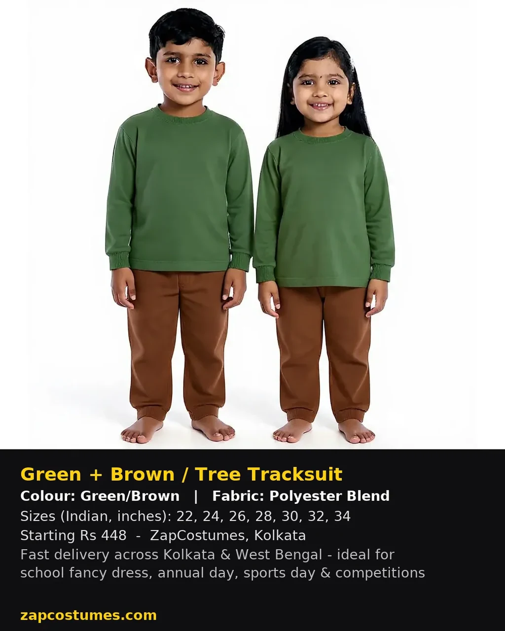 Green + Brown / Tree Tracksuit for kids — Size, fabric & delivery details — Green/Brown colour — Polyester Blend fabric — Indian sizes 22–34 — Tracksuits / Jersey fancy dress for school annual day & sports day — Kolkata & West Bengal delivery — ZapCostumes